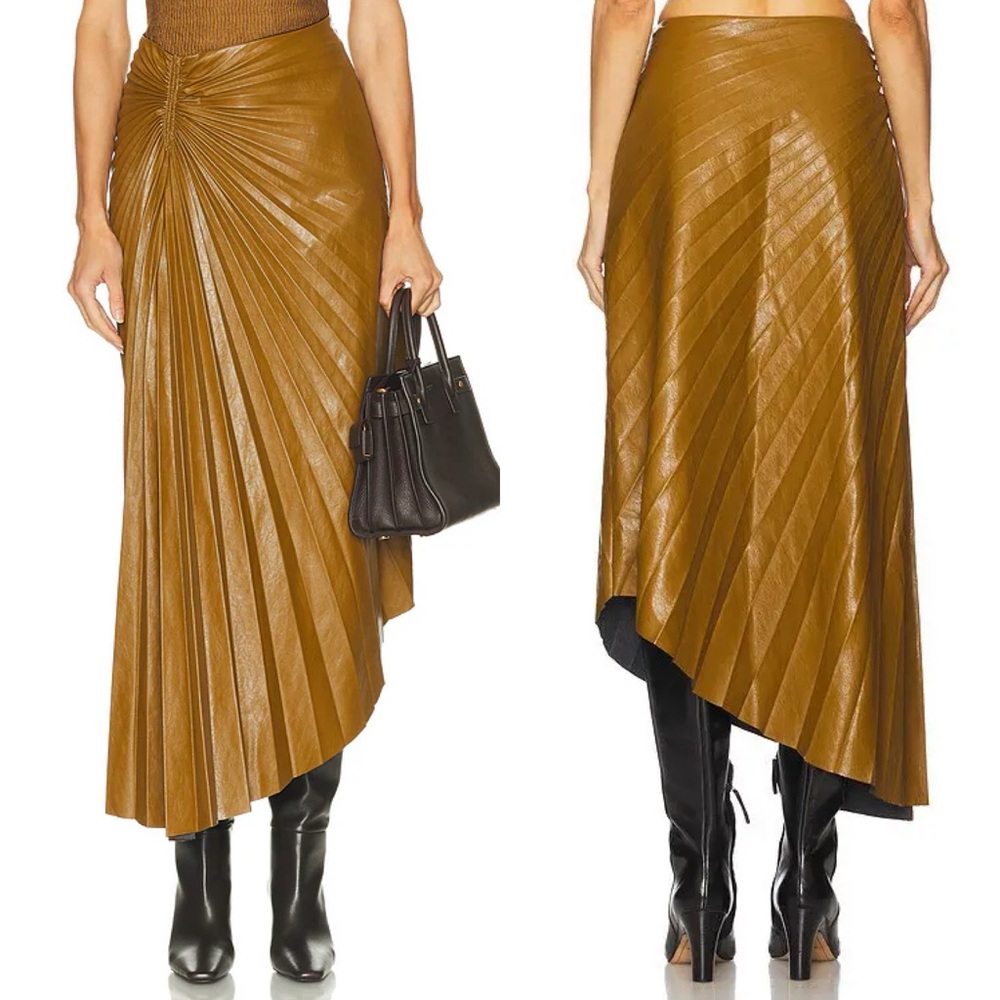 NEW NWT A.L.C. Tracy Pleated Faux Leather Asymmetrical Midi Skirt In Saddle